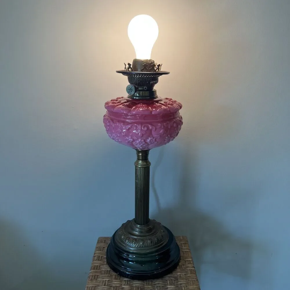 Antique Victorian Pink Cranberry Milk Glass Oil Lantern Electric Parlor Lamp